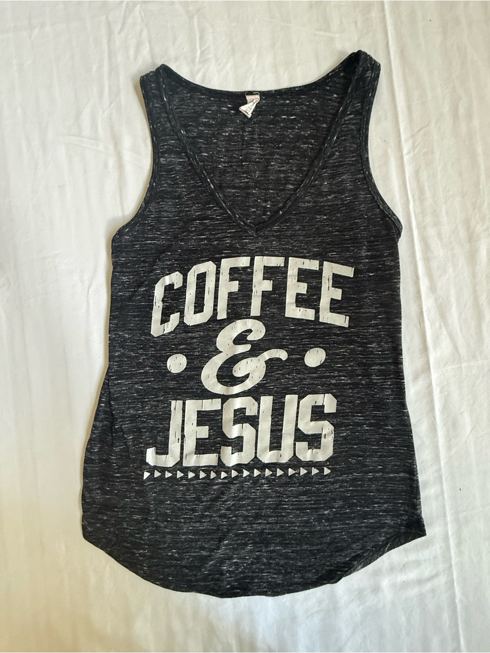 Distressed "Coffee & Jesus" V-Neck Tank Top - Charcoal Gray Heather (Size Small)